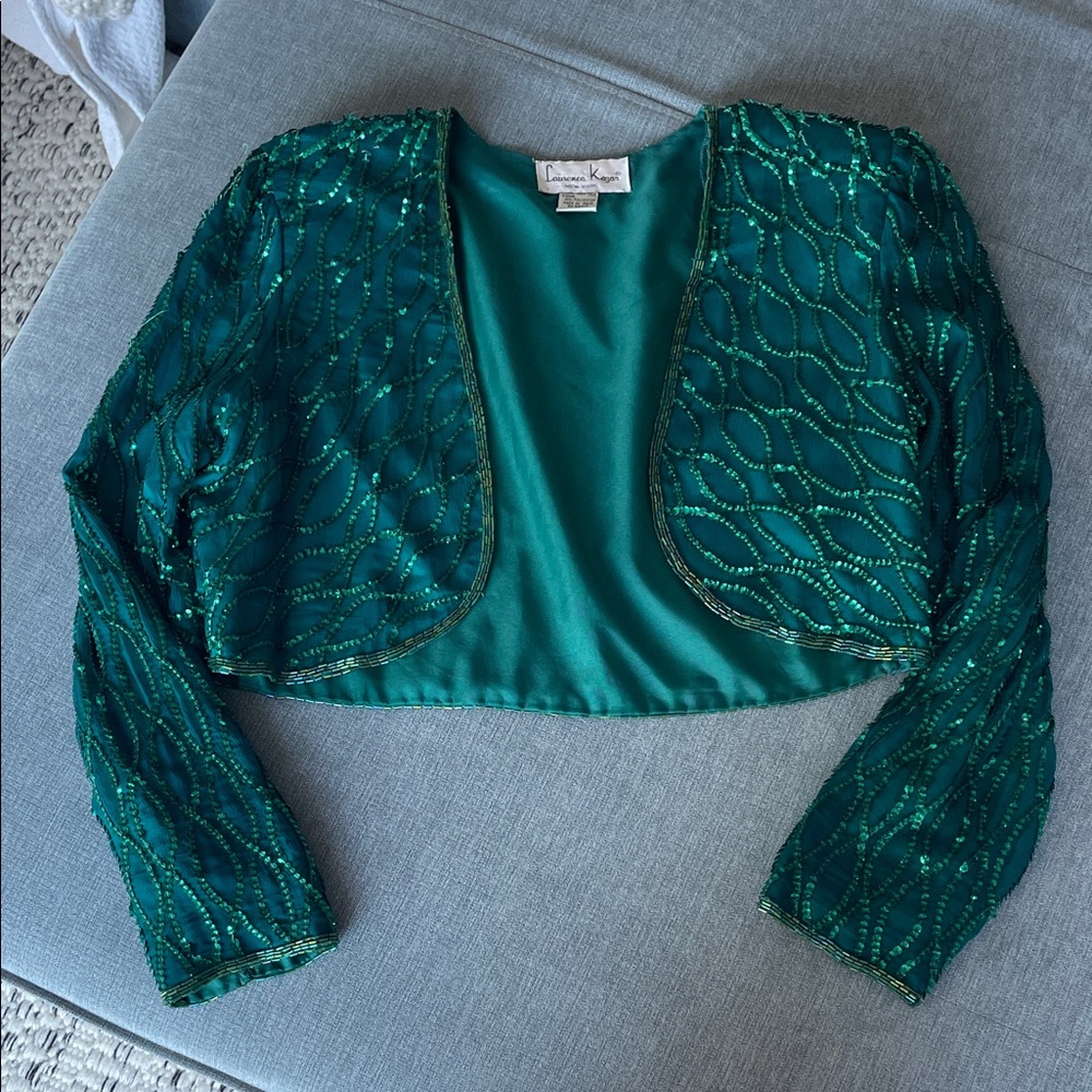 Laurence Kazar Vintage Silk  Green Sequined Women's Cropped Jacket size S 💖